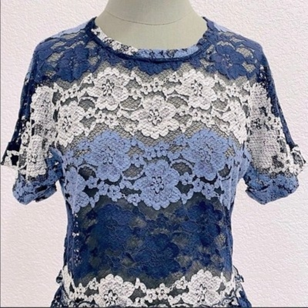 Eva Franco Peplum Top M Striped Lace Floral Short Sleeve USA Made Excellent - Picture 5 of 9